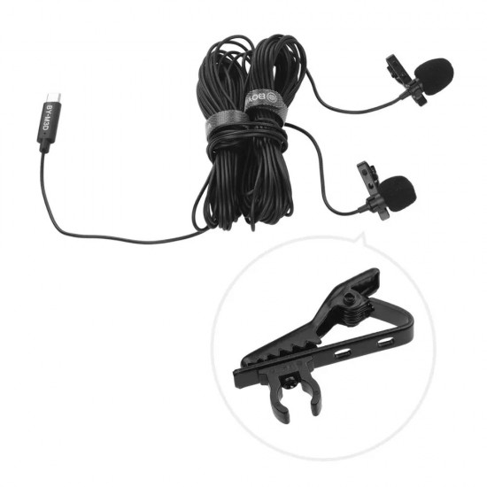 BY-M3D Dual Lavalier Microphone Omnidirectional Digital Clip-on Lapel Collar Mic for USB Type-C Android Smartphone for iPad Pro PC 6M