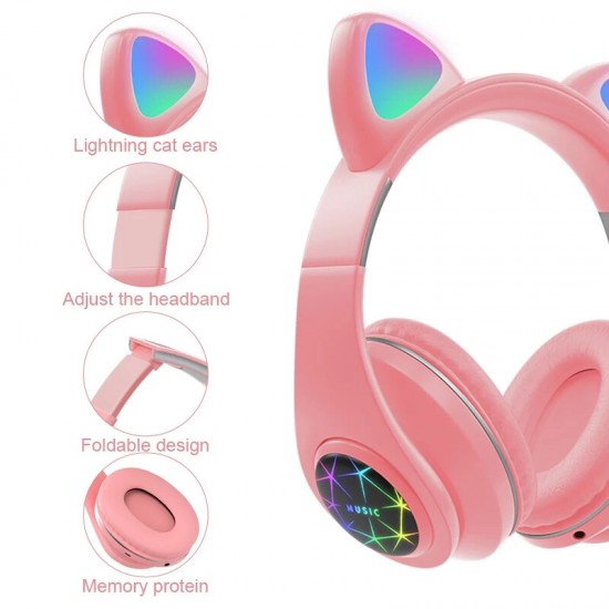 M2 Cut Cat Ear Headphones Wireless bluetooth 5.0 HIFI TF Card AUX-In Luminous Foldable Head-Mounted Headsetwith Mic