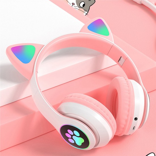 STN-28 Wireless bluetooth Headphones Cute Kids Headset HIFI Bass FM Radio TF Card AUX-In RGB Luminous Foldable Cute Cat Ear Headset with Mic