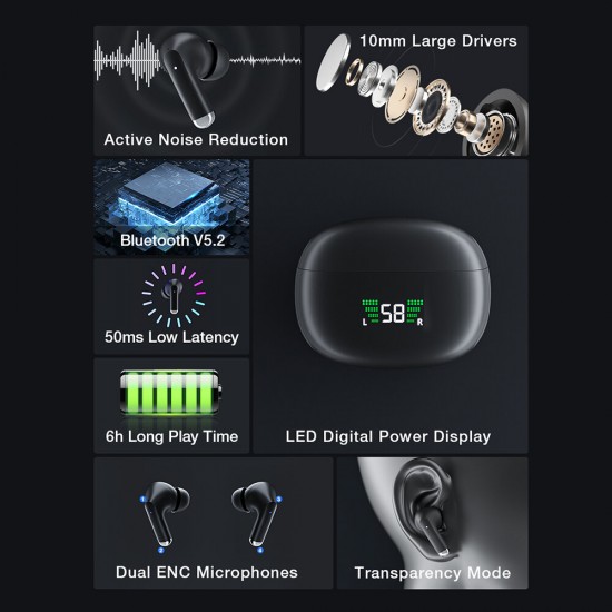 BW-ANC6 TWS bluetooth V5.2 Earphone Active Noise Reduction LED Power Display Low Latency Dual ENC Mic Wireless Earbuds Headphone