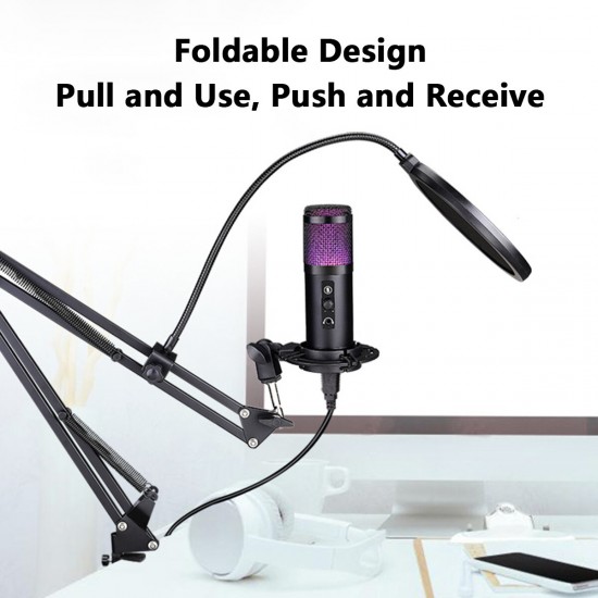 Noise Cancelling Condenser Microphone with Live Studio Sound Card Recording Mount Boom Stand Mic Kit for Live Broadcast K Song