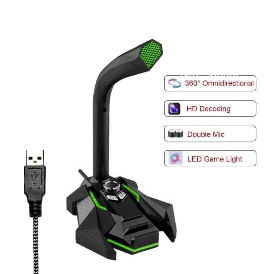 GK Multifunctional USB 3.5mm LED Wired Omnidirectionnel Game Microphone with Dual Mics with HD Smart Sound Card for Computer Laptop