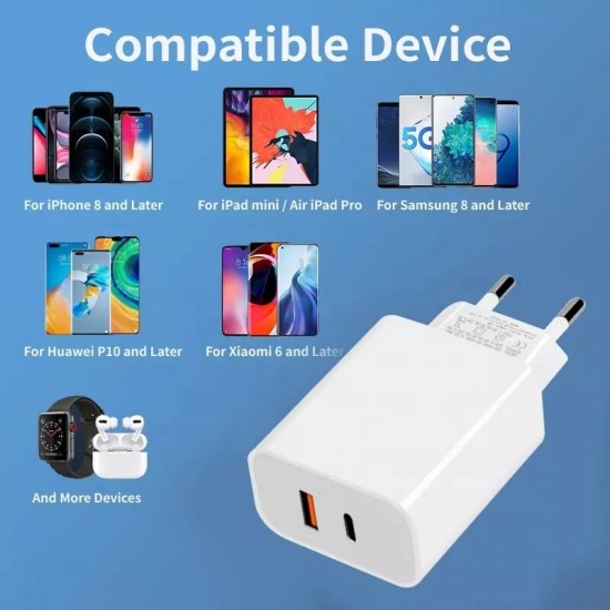 30W 2-Port USB PD Charger Adapter USB-C PD & USB-A QC3.0 Fast Charging For iPhone 13 Pro Max For Samsung Galaxy Note 20 For Xiaomi 12