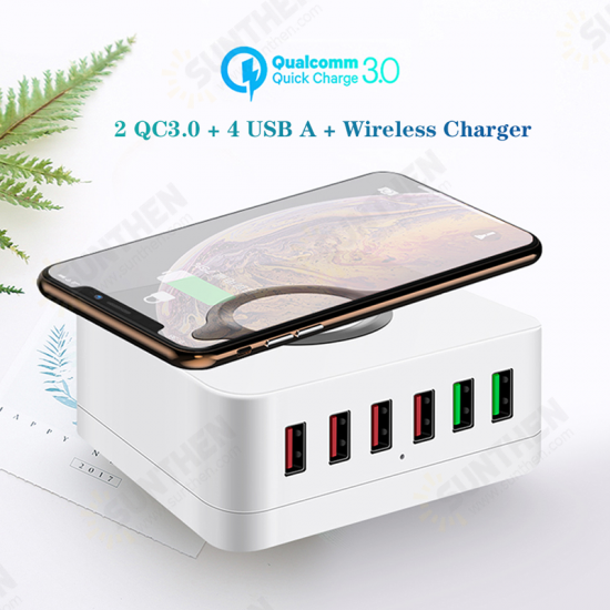 72W 6-Port USB Charger QC3.0 Quick Charge Desktop Charging Station 10W Wireless Charger For iPhone 11 SE 2020 For iPad Pro 2020 For Samsung Huawei