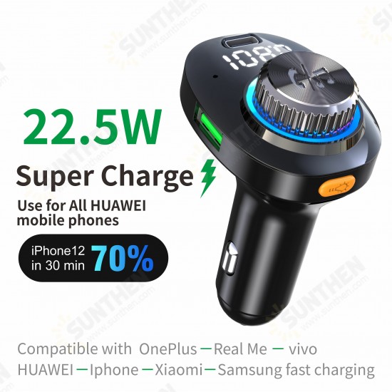 Bluetooth V5.0 FM Transmitter 20W PD+QC3.0 USB Car Charger 7Colors RGB Backlit Light LED Display Wireless Radio Adapter HiFi Music Play With Mic