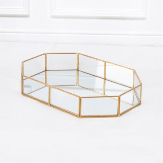 2 Size Mirror Glass Tray Octagon Cosmetic Makeup Desktop Organizer Jewelry Display Stand Holder