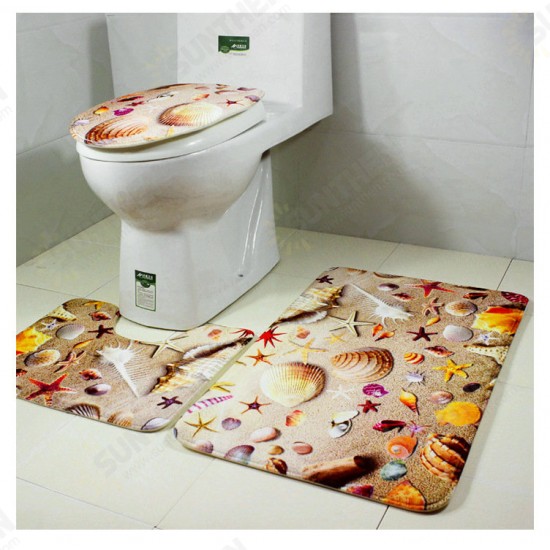 3 Sets Starfish Shell Toilet Carpet Bathroom Non-Slip Pad Toilet Seat Cushion Fabric