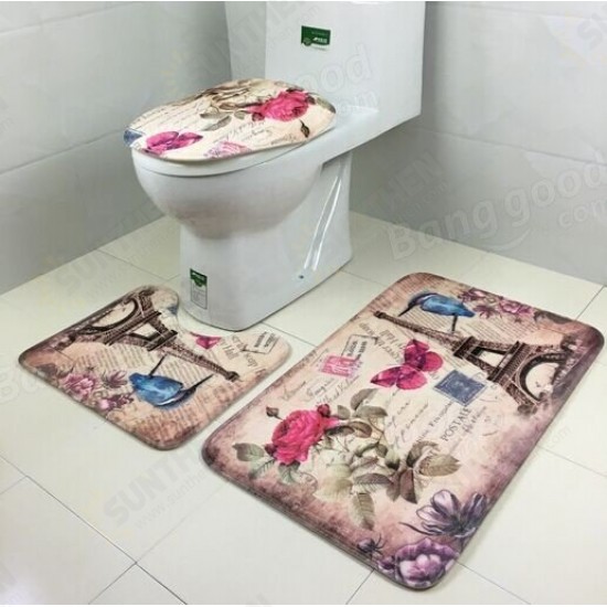 3 Sets Toilet Seat European Style Toilet Carpet Fabric Pedestal Iron Tower Printing Bathroom Mat