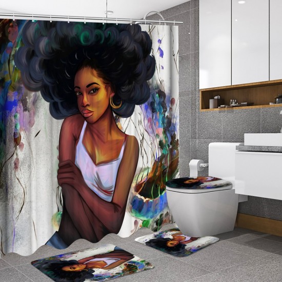 African Girl Shower Curtain Fabric Bathroom Curtains Set Non-slip Bath Mat Toilet Pad Carpet for Bathroom Decor