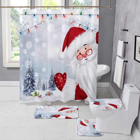 Christmas Style Shower Curtain Santa Claus Three-piece Four-piece Bathroom Mat Set Waterproof Toilet Mat Set