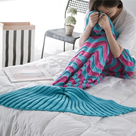 95x195CM Yarn Knitting Mermaid Tail Blanket Wave Stripe Warm Super Soft Sleep Bag Bed Mat