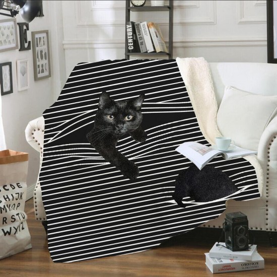 Stripe Pattern Cat Cartoon Blanket Coral Fleece Lunch Break Sofa Blanket Air Conditioning Blanket