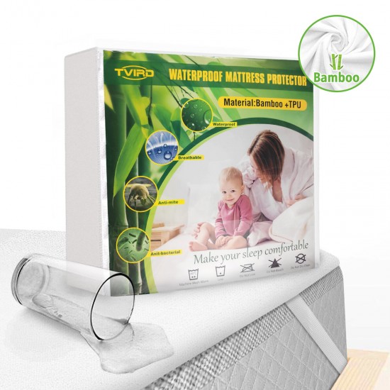 Trivd Mattress Cover Waterproof Bamboo Mattress Protector Cotton Soft Fitted Cover King Size 180 x 200 cm