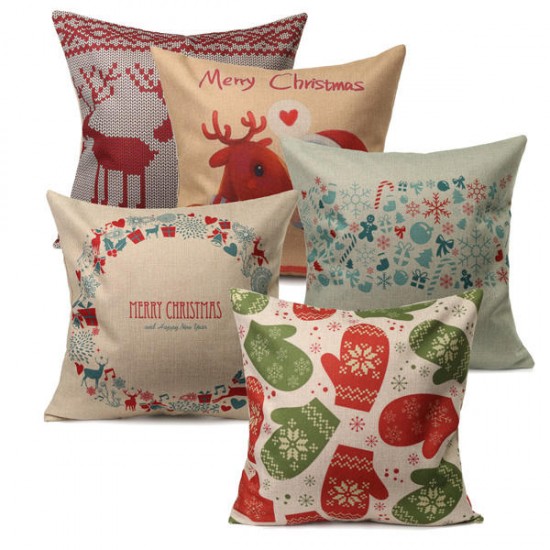 Vintage Christmas Series Deer Throw Pillow Case Linen Cotton Square Sofa Cushion Cover