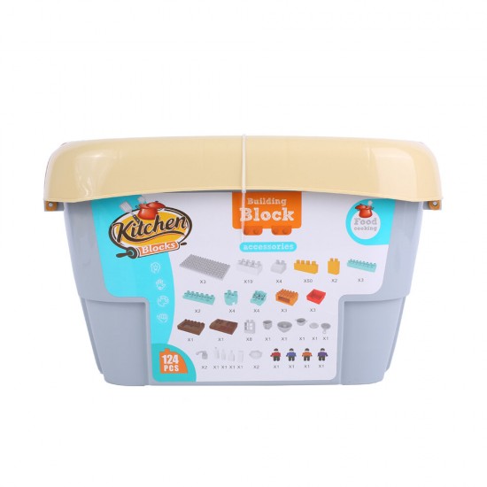 HJ-35008A 124PCS Kitchen Series Rectangular Tote Bucket DIY Assembly Blocks Toys for Children Gift