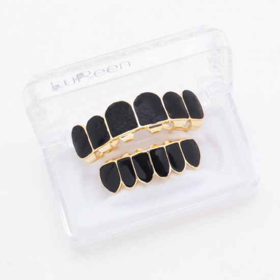 Punk Black Matte Braces Hiphop Grillz Gold Plated Dentures Set Teeth Jewelry