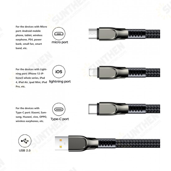 3In1 USB To USB-C/Micro USB/Apple Port Cable Fast Charging Data Transmission Cable 1.3m Samsung Galaxy Note S21 5G For iPhone 13 Pro Max Xiaomi 12