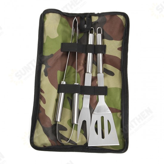 3Pcs BBQ Barbecue Tableware Stainless Steel Cooking Fork Gripper Turner Set Portable Bag Utensil