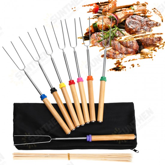 8PCS Roasting Sticks Telescoping 12inch-32inch Smore Sticks Skewers Set with Wooden Handle for BBQ Hot Dog Fork Fire Pit Camping Cookware