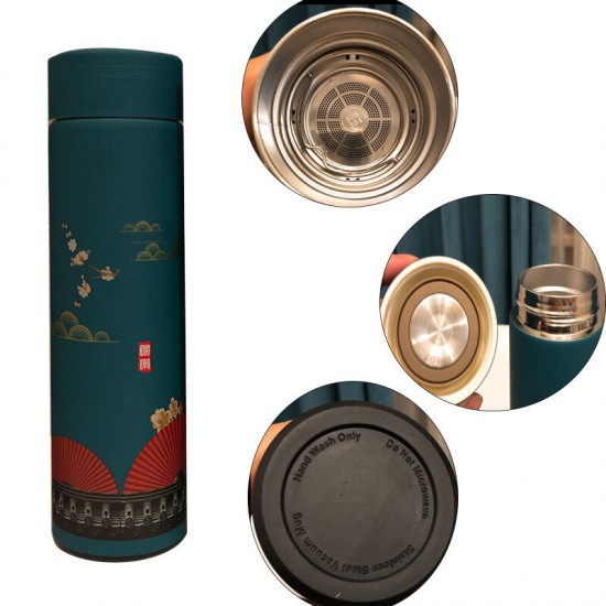 500ml Retro Chinese Style Thermos Cup LCD Temperature Display Stainless Steel Double Wall Insulated Cup Water Bottle for Camping Travel Sport