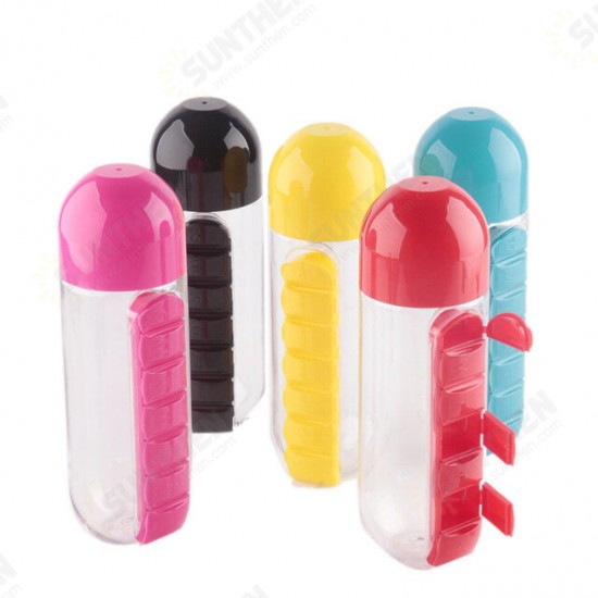 600ml Water Bottle 7 Days Week Pill Capsule Case Organizer Leak-Proof Drinking Cup