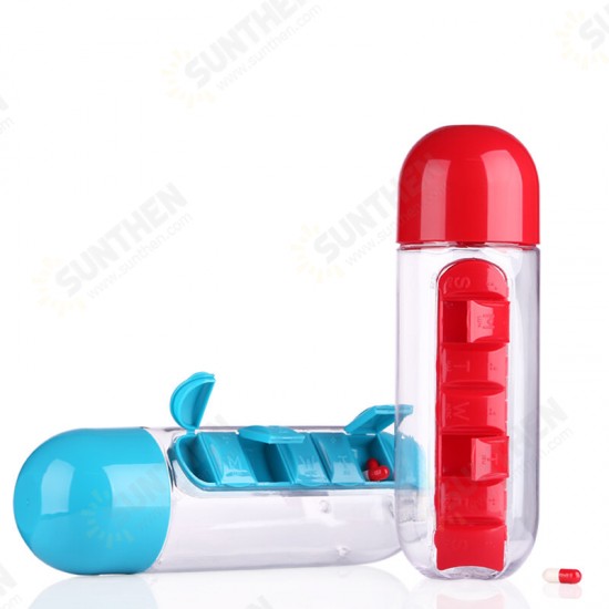 600ml Water Bottle 7 Days Week Pill Capsule Case Organizer Leak-Proof Drinking Cup