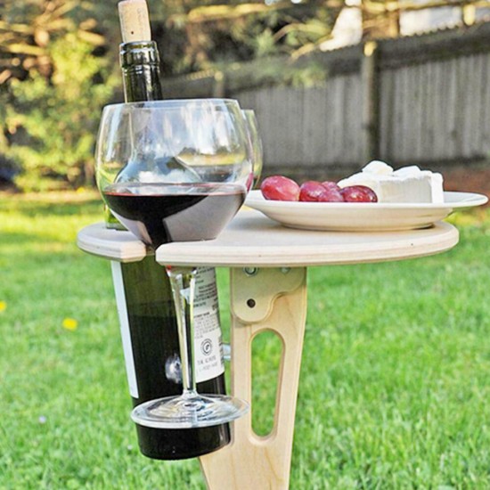 Outdoor Drink Table Mini Wooden Rack Foldable Round Desktop Easy Carry Desk Furniture Cup Glass Holder Picnic Table Party Camping Travel