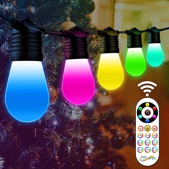 S14 Outdoor Colorful String Lights 15M Camping String Lights With 15 Shatterproof Dimmable LED Bulbs Waterproof Remote Control light For Christmas Festival Celebration