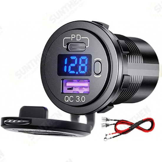 12V Motorcycle LED Display Dual Output USB+Type-C PD3.0 QC3.0 with Touch Switch Car Charger for Samsung Huawei Mate40 P50 OnePlus 9 Pro