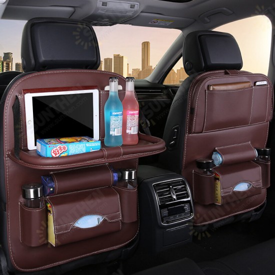 Multi-Function Leather Car Seat Hanging Bag with Phone/ Tablet Storage Pocket Travel Folding Dining Table Container