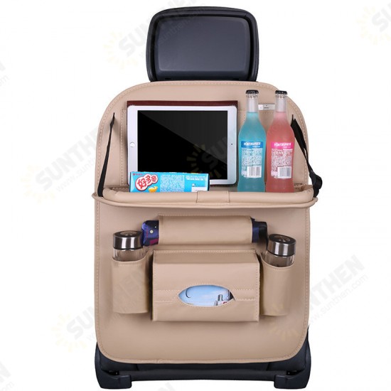 Multi-Function Leather Car Seat Hanging Bag with Phone/ Tablet Storage Pocket Travel Folding Dining Table Container