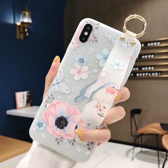 Blossom Embossed Soft Silicone Protective Case with Wristband Holder for iPhone XS MAX XR X for iPhone 7 6 6S 8 Plus Back Cover