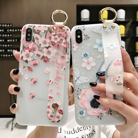 Blossom Embossed Soft Silicone Protective Case with Wristband Holder for iPhone XS MAX XR X for iPhone 7 6 6S 8 Plus Back Cover