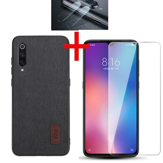 Fabric Splice Soft Edge Protective Case+Tempered Glass Screen Protector +Lens Protector For Xiaomi Mi 9 / Mi 9 Transparent Edition-Black Non-original