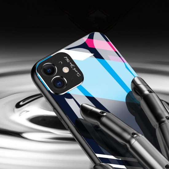 Oil Painting Colorful Glossy Tempered Glass with 3D Metal Matte Lens Ring Shockproof Protective Case for iPhone 11 6.1 inch