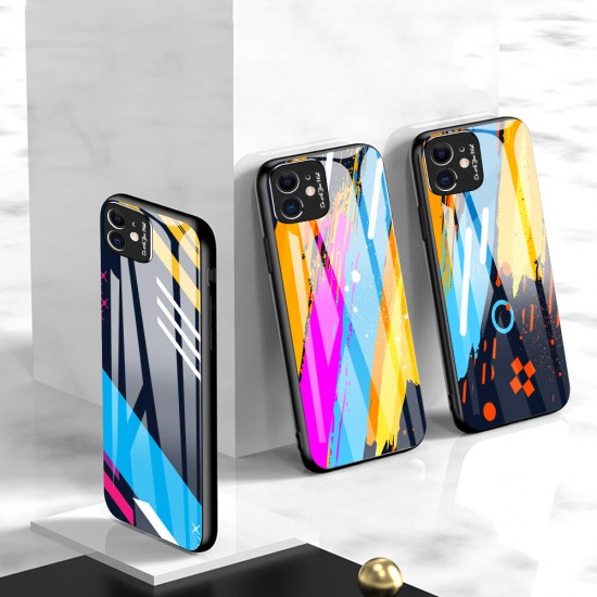 Oil Painting Colorful Glossy Tempered Glass with 3D Metal Matte Lens Ring Shockproof Protective Case for iPhone 11 6.1 inch