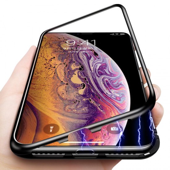 Protective Case for iPhone XS Magnetic Adsorption Metal Bumper + 9H Tempered Glass Back Cover