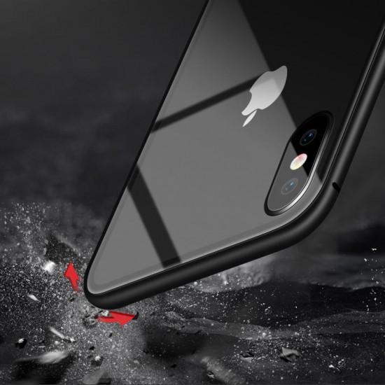 Protective Case for iPhone XS Magnetic Adsorption Metal Bumper + 9H Tempered Glass Back Cover