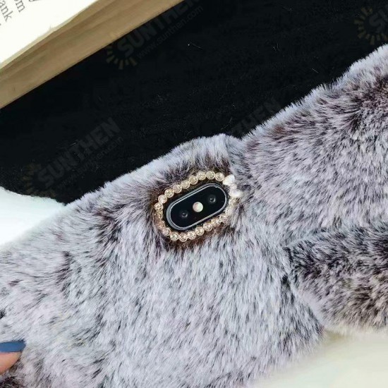 Winter 3D Cute Furry Diamond Rabbit Ears Protective Case Cover for iPhone X XS XR XS Max