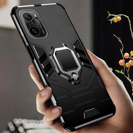 For POCO F3 Global Version Case Shockproof Magnetic with 360° Rotation Finger Ring Holder Stand PC Protective Case