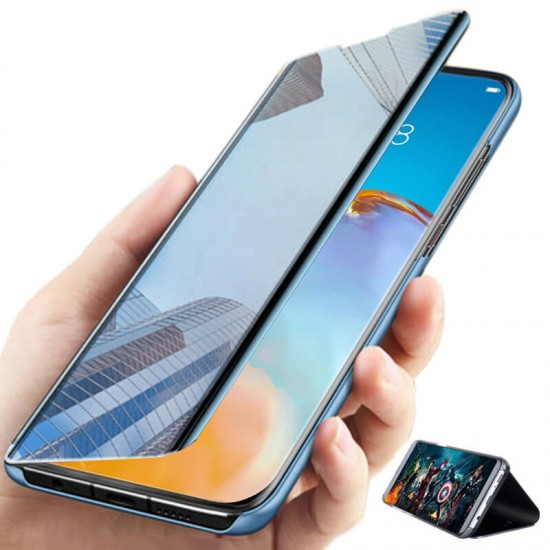 For POCO F3 Global Version Case Foldable Flip Plating Mirror Window View Shockproof Full Cover Protective Case