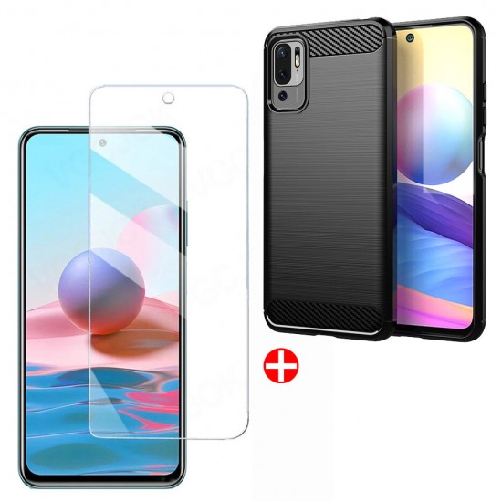 Global Version/ Xiaomi Redmi Note 10 5G Case Carbon Fiber Texture Shockproof TPU Protective Case Back Cover + 9H Anti-Explosion Anti-Fingerprint Tempered Glass Screen Protector