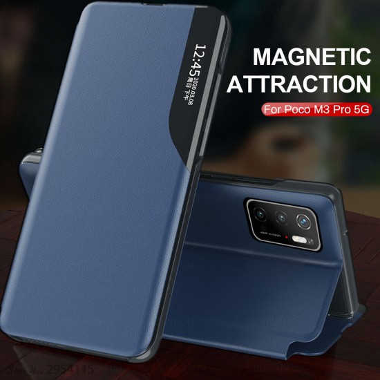 Global Version/ Xiaomi Redmi Note 10 5G Case Magnetic Flip Smart Sleep Window View Shockproof PU Leather Full Cover Protective Case + 9H Anti-Explosion Anti-Fingerprint Tempered Glass Screen Protector