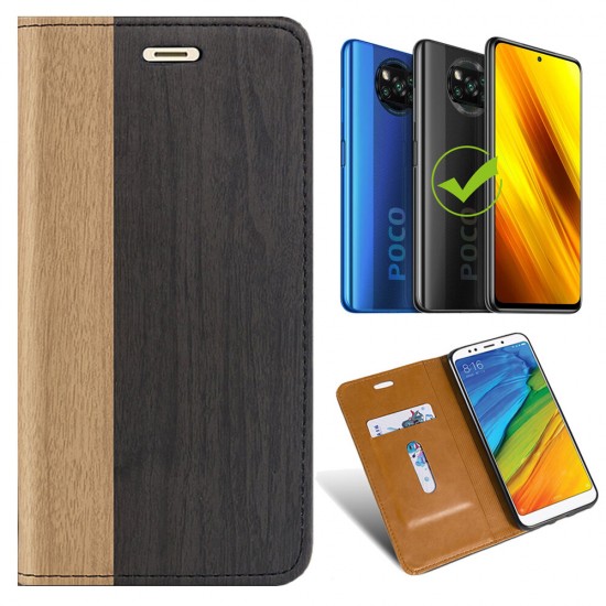 For POCO X3 PRO / POCO X3 NFC Case Wooden Texture Flip with Card Slot Stand PU Leather Full Body Protective Case Non-original