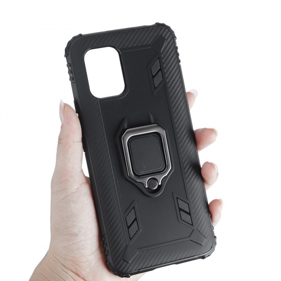 For Xiaomi Mi 10 Lite Case Carbon Fiber Pattern Shockproof Anti-fingerprint with 360° Rotation Magnetic Ring Bracket PC Protective Case Non-original