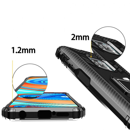 For Xiaomi Mi 10 Lite Case Carbon Fiber Pattern Shockproof Anti-fingerprint with 360° Rotation Magnetic Ring Bracket PC Protective Case Non-original