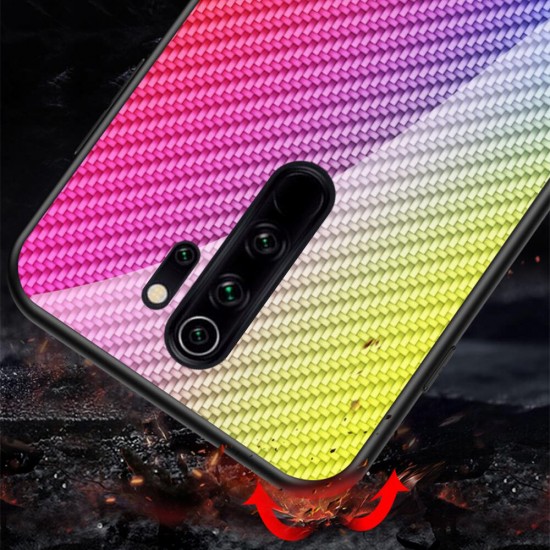 For Xiaomi Redmi 9 Case Carbon Fiber Pattern Gradient Color Tempered Glass Shockproof Scratch Resistant Protective Case Non-original