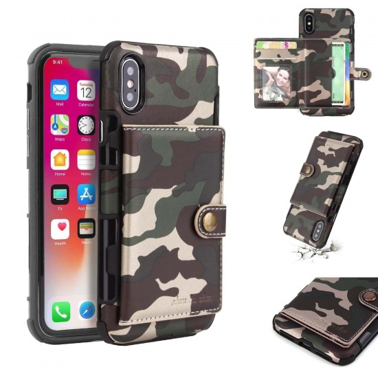 Camouflage Wallet Card Slots Protective Case For iPhone X PU Leather+TPU Cover