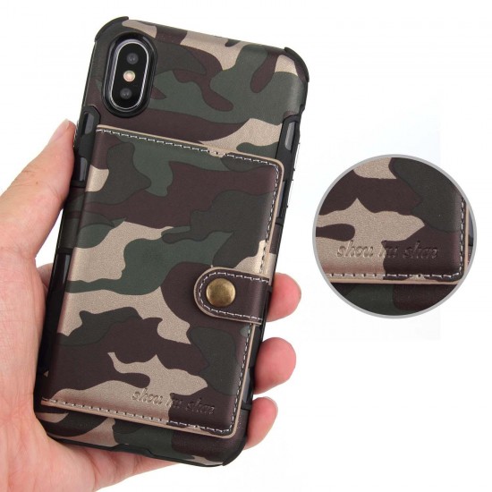 Camouflage Wallet Card Slots Protective Case For iPhone X PU Leather+TPU Cover