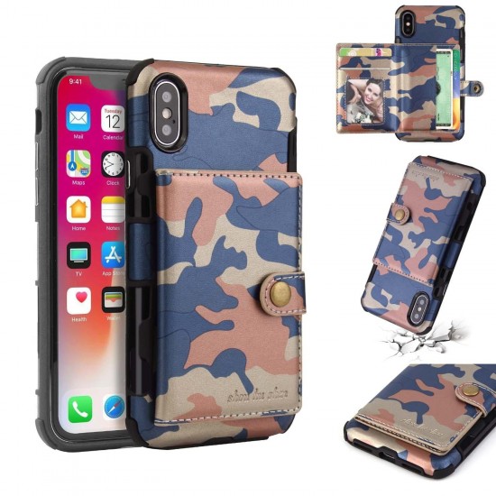 Camouflage Wallet Card Slots Protective Case For iPhone X PU Leather+TPU Cover